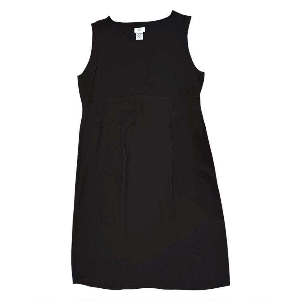 Eileen Fisher black pencil 100% silk Midi dress Sleeveless size M Classic Work